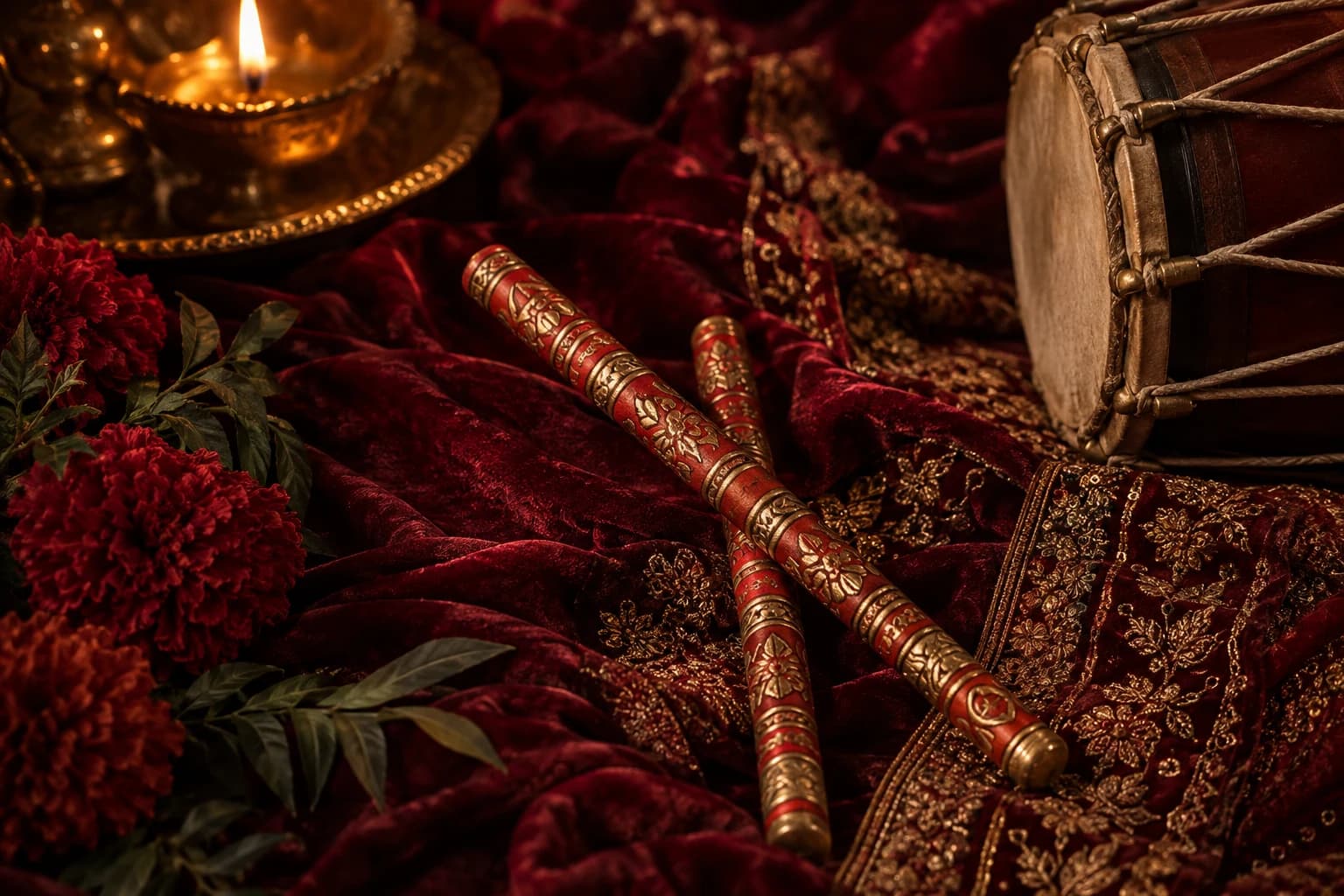 Carved dandiya sticks, a dhol and festive flowers on crimson embroidery