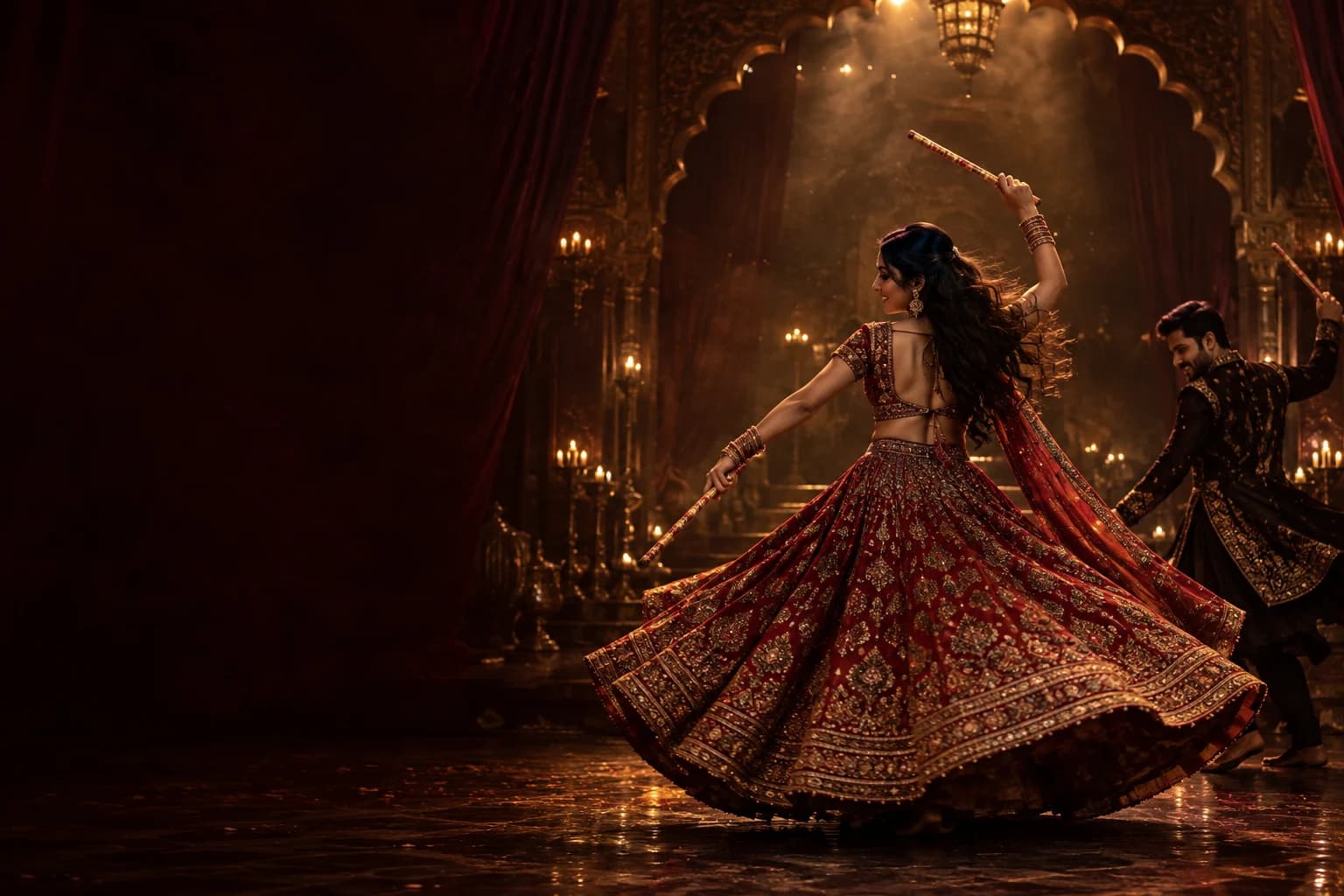 Campaign concept of dandiya dancers in warm stage light